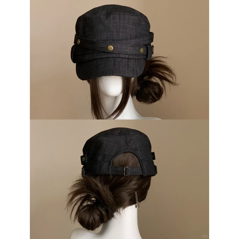 Relaxed denim retro black cowboy equestrian hat, wide brim, flat top, artsy studded newsboy hat.
