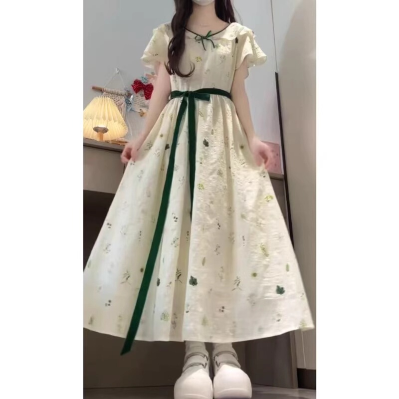 13-Year-Old Girl's Floral Dress, Summer 12-Year-Old Girl's Doll Collar Dress, 15-Year-Old Junior High School Student's Sweet Long Dress