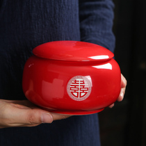 Chinese style red tea pot wedding high-grade ceramic sealed pot Large household storage tank moisture-proof dry goods tank