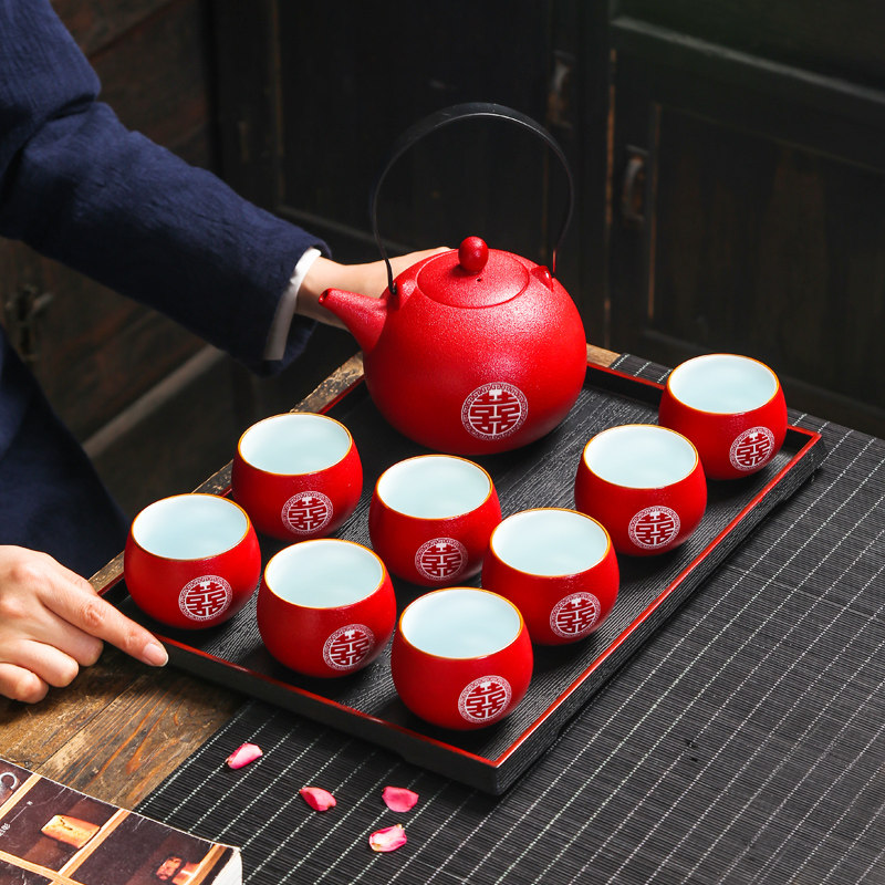 Wedding toast tea cup tea set set wedding dowry high-grade red tea pot tea cup wedding gift wedding dowry
