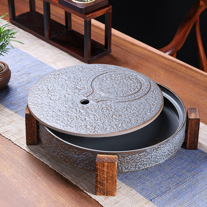 Stone grinding tea tray minimalist ceramic dry tea table small round tea-making tray retro tea sea home Gongfu tea furniture