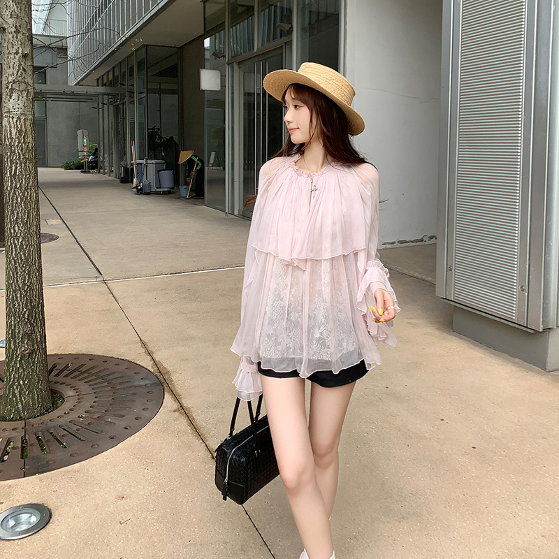 Mcc Lemons Same Style as Homebodies 2026 Spring French Pink Lace Ruffled Women's Long-Sleeved Rayon Top
