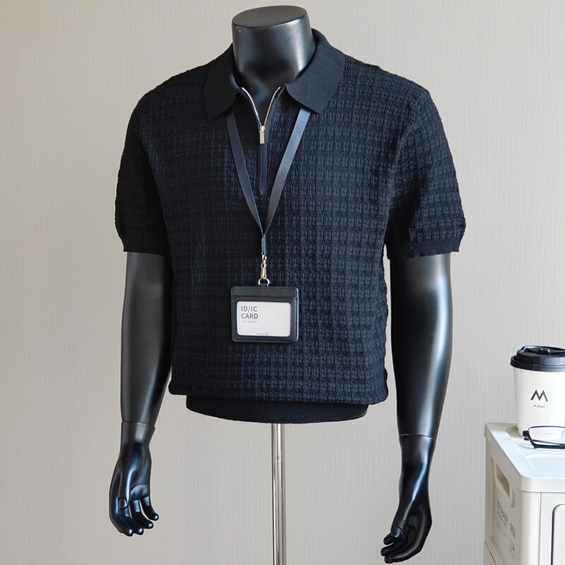Old Money Style Half-Zip Ice Silk Knitted Short-Sleeve Polo Shirt for Men, Summer Fashion Casual Breathable Versatile Turn-Down Collar T-Shirt