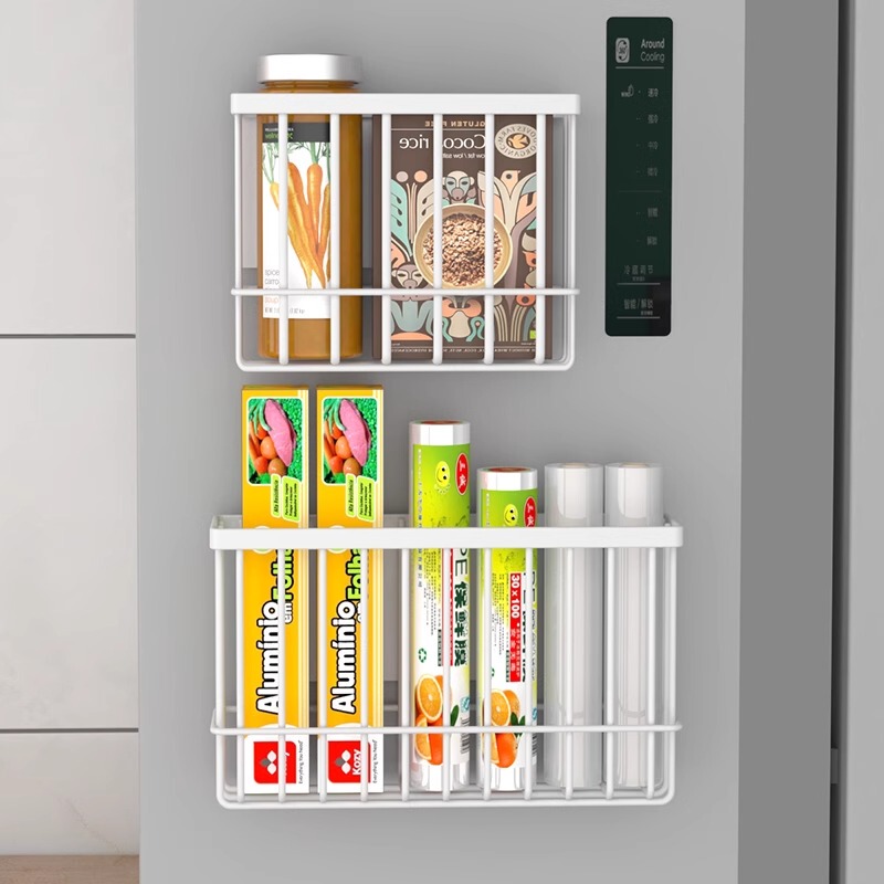 Refrigerator Magnetic Storage Rack, Fresh-Keeping Bag and Paper Towel Organizer, Kitchen Side Gap Condiment and Plastic Wrap Storage Rack