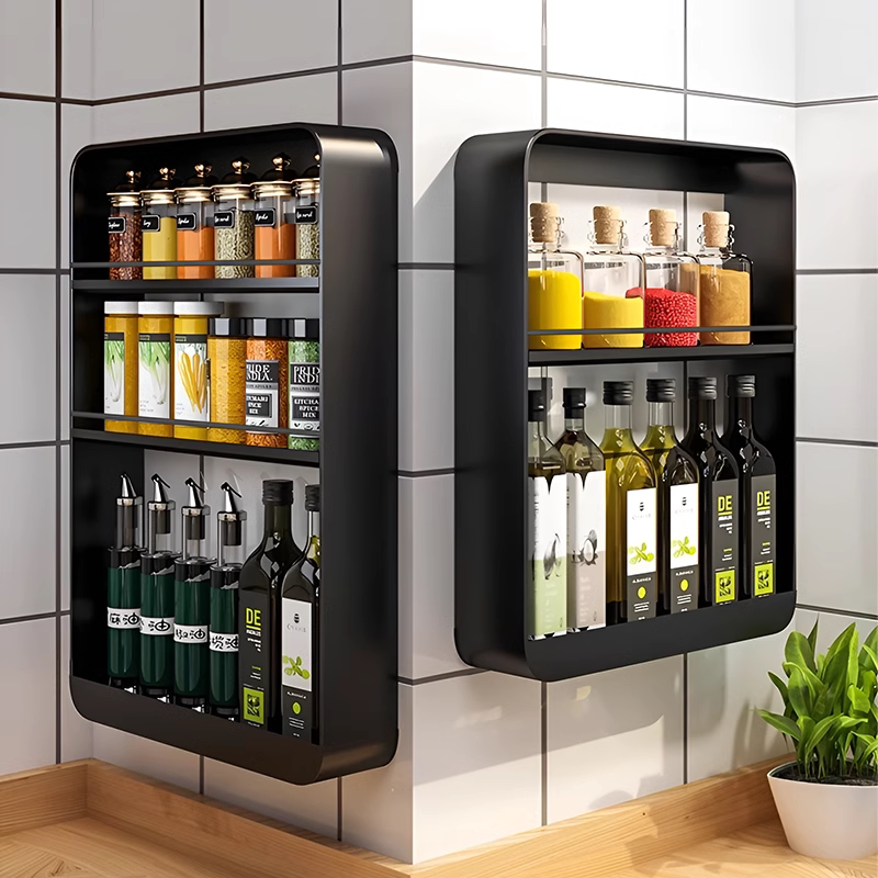 Kitchen Condiment Storage Rack, Wall-Mounted, No-Drill, Multi-Functional Household Rack, Multi-Layer Storage Rack for Oil, Salt, Sauce, and Vinegar Bottles