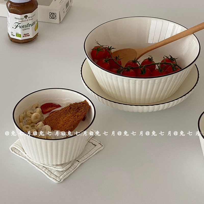 Rabbit July) Ceramic cutlery Korean wind minimalist black line Vertical Stripes Breakfast Dessert Bowl with Bubbly Noodle Soup Large Bowl of Dining Room Plate