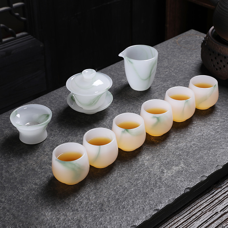 High-end gift box glass tea set home white jade porcelain light luxury Kung Fu tea set office Chinese glass