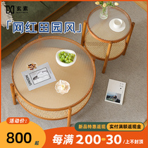 Nordic round long iridescent glass tea table combined home small family type Japanese style rattan red tea table brief small round table