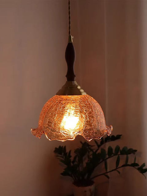 Japanese-Style Retro Brass Crackle Glass Pendant Light for Bedroom Bedside, Guesthouse, Restaurant, Bar Counter, Foyer, Hallway, Balcony Lighting