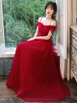 Bride toast dress 2021 new wine red engagement daily wear suspenders small evening dress western dress female