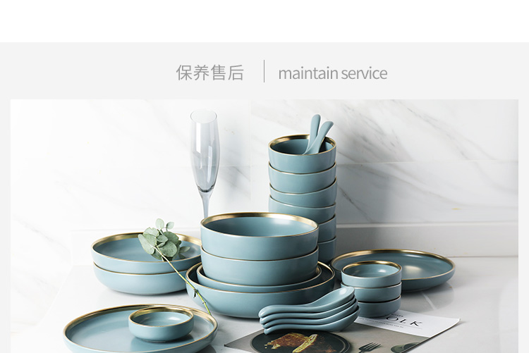 半房金边雅蓝陶瓷餐具套装多人食碗盘西餐牛排盘米饭碗送人礼盒装商品详情图