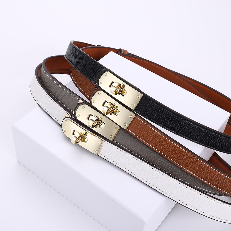 Korean Style Lock Buckle Crimped Cowhide Adjustable Thin Belt Women's Decorative Suit Jacket with Skirt Genuine Leather Without Punching