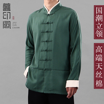 Old India-China National Wind Long sleeves Collar Jacket Mens Spring Autumn National Wind Green Disc Buckle Blouses Chinese Style Retro Tango Don