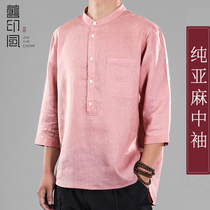 Old Print Linen Shirt Man Short Sleeve Summer Thin 70% sleeves Pure color retro Chinese style trendy mens sleeves Down