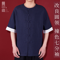 Old Indon dress Male Chinese wind Summer cotton linen Short sleeves Chinese style disc buckle 50% sleeve blouse tea conserved male Zen sweatshirt