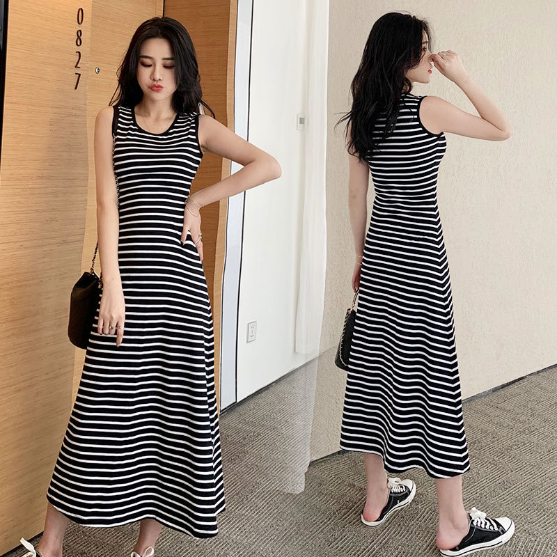 2025 Spring/Summer Korean Style Fashion Simple Sleeveless Flared Dress Black and White Striped Mid-Length Tank Dress for Women Trendy