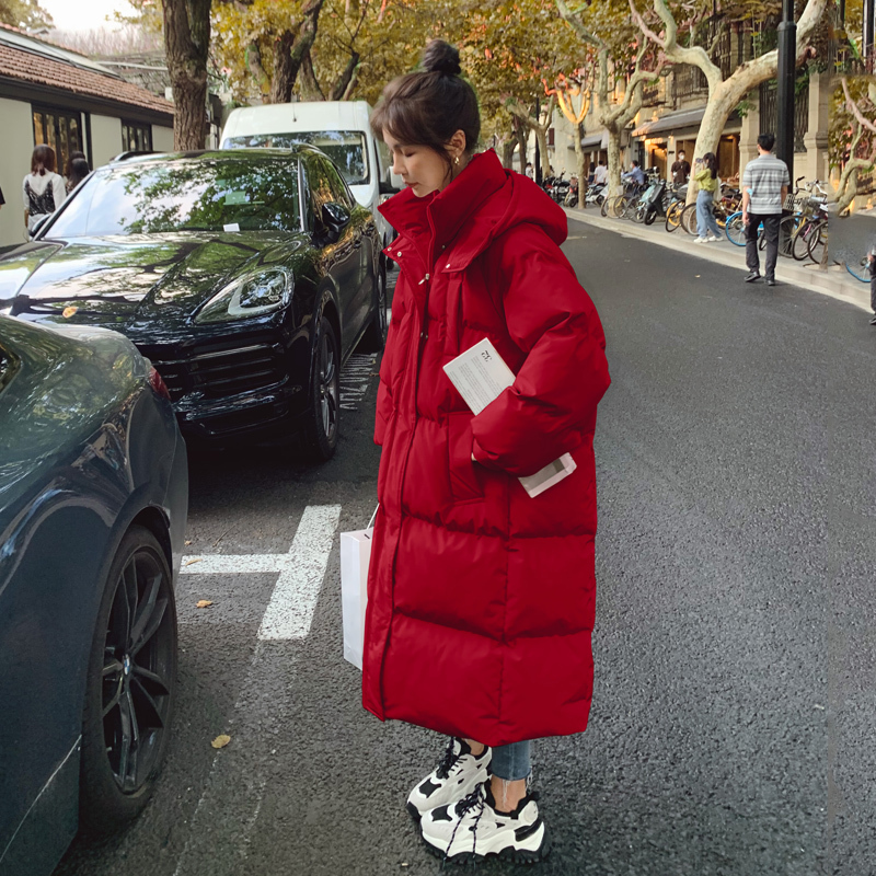 Red Cotton Coat for Women, Suitable for Wedding, Bride's Homecoming, Casual Wear, Winter Thickened Mid-Length Style, New Year, Christmas, Over-The-Knee down Cotton Coat