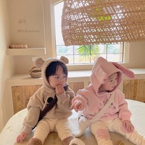 Small and small roll spot direct sales boys and girls autumn and winter cartoons with solid color cute little ears hooded long sleeve sweater