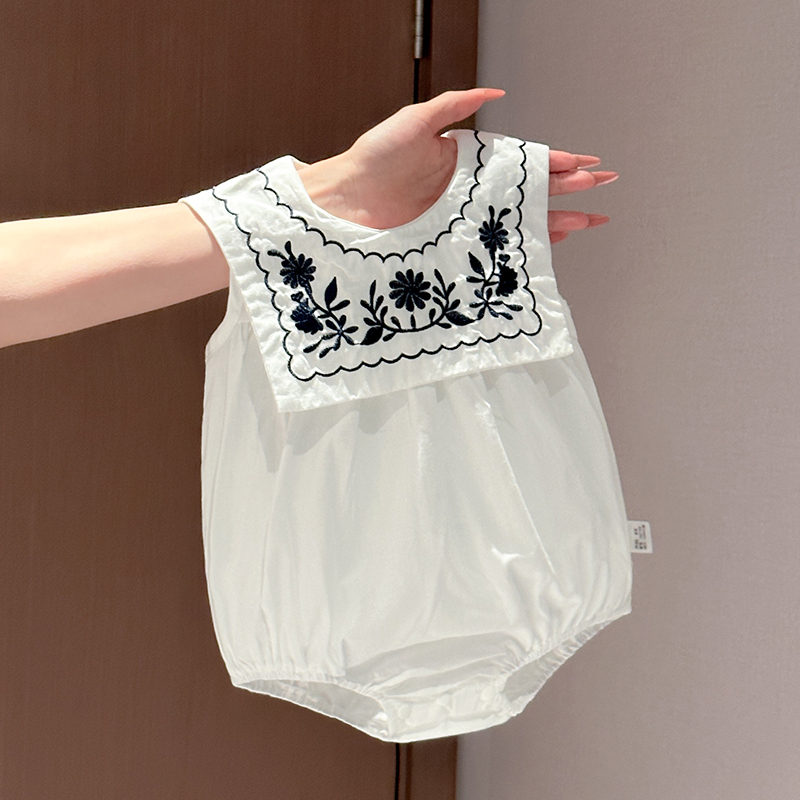Ins Summer Thin Sleeveless Baby Romper Embroidered Square Collar Navy Style Jumpsuit for Baby Girls