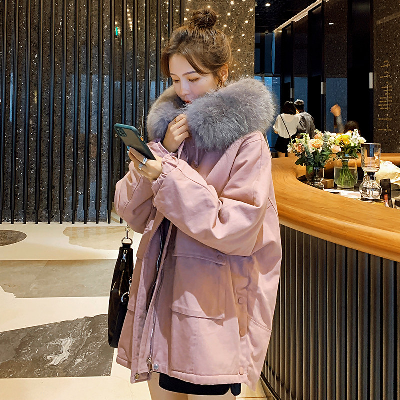 Overalls to overcome female winter 2021 new Korean version loose with velvet thickened Inn wind student cotton clothes cotton clothing