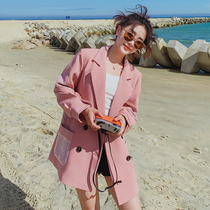 Pink blazer womens spring and autumn 2021 new high-end sense fried street Net red mosaic small suit jacket