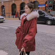 Red Parker 2021 new female Korean version of loose coat waist slim plus velvet thickened winter tooling cotton suit