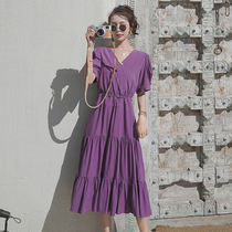 Purple bubble sleeve dress womens summer 2021 new French retro thin design sense niche gentle wind long skirt