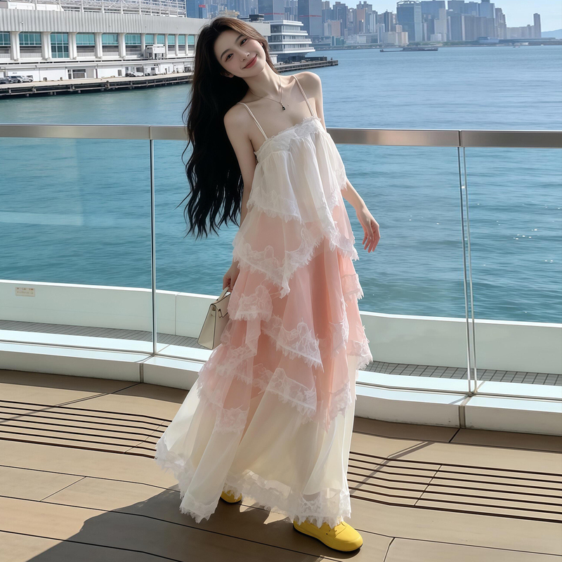 Gradient Pink Lace Suspender Dress for Women, Summer 2026 New Style, Loose and Slimming Long Skirt for Seaside Vacation