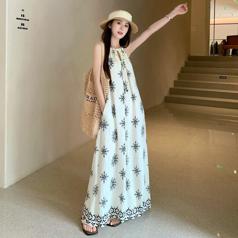 Ethnic Style Suspender Dress for Women Summer Long Loose Lazy Style Slimming Look Printed Seaside Vacation A-Line Long Skirt Ethnic Style Suspender Dress for Women Summer Long Loose Lazy Style Slimming Look Printed Seaside Vacation A-Line Long Skirt