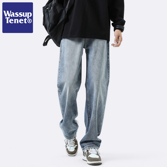 Wassup Tenet American Style Trendy Washed Jeans for Men, Autumn Loose Fit Couple Straight Casual Versatile Long Pants