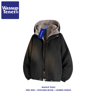 Wassup Tenet American Retro Style Fleece-Lined Hooded Cotton Jacket for Men, Winter Trendy Brand Couple's Loose Cotton Coat