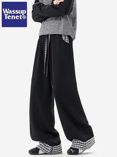 Wassup Tenet American-Style Plaid Color-Blocked Curved Hem Sweatpants for Men, Spring Casual Drapey Long Pants with a Relaxed Fit