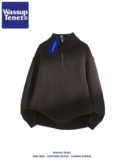 Wassup Tenet Japanese Retro Half-Zip Knit Sweater for Men, Autumn and Winter High-End Trendy Brand Loose Sweater
