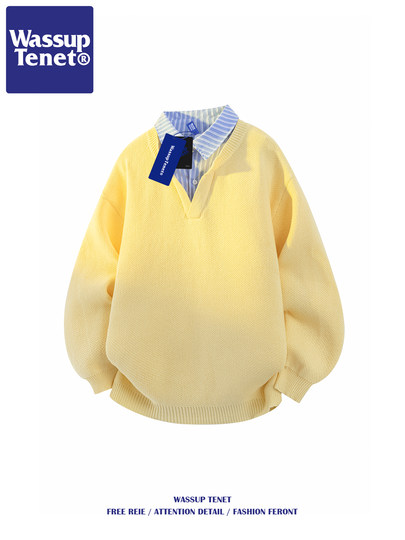 Wassup Tenet American Style Fake Two-Piece Sweater for Men, Autumn and Winter Trendy Brand, Lazy Style, Loose Knitwear for Couples