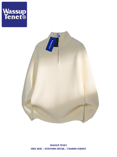 Wassup Tenet Japanese Retro Half-Zip Knit Sweater for Men, Autumn and Winter High-End Trendy Brand Loose Sweater