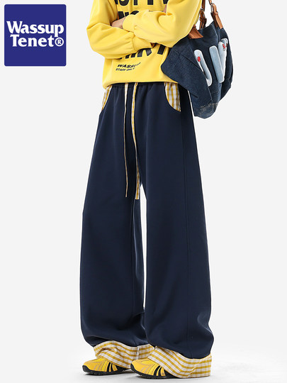 Wassup Tenet American-Style Plaid Color-Blocked Curved Hem Sweatpants for Men, Spring Casual Drapey Long Pants with a Relaxed Fit