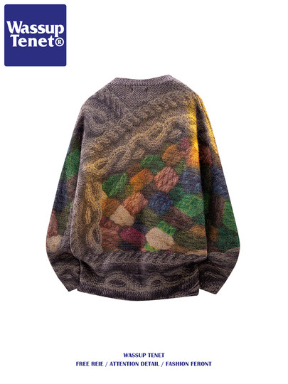 Wassup Tenet American-Style Colorful Jacquard Crew Neck Sweater for Men, Autumn and Winter Design, Warm Knitwear Jacket