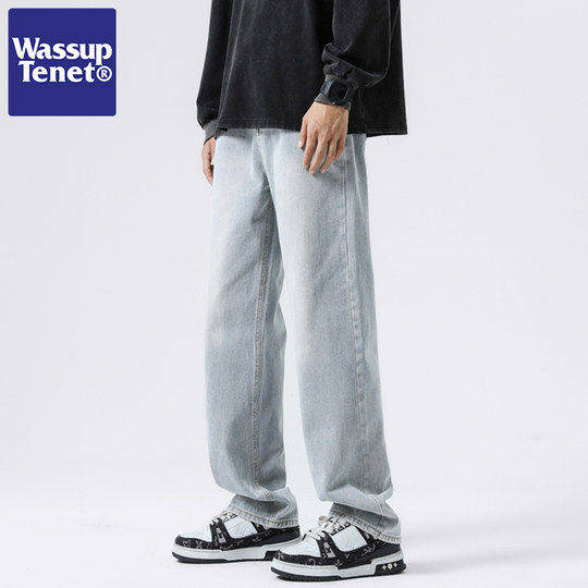 Wassup Tenet American Style Trendy Washed Jeans for Men, Autumn Loose Fit Couple Straight Casual Versatile Long Pants
