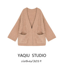 Long sleeve V-neck knitted cardigan coat Womens Spring and Autumn New loose wear lazy wind mohair sweater