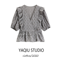 2021 Spring Net red with sweet V collar short sleeve top women fashion waist foreign style top