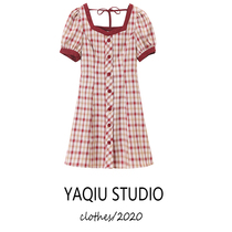 Red plaid square collar dress female summer bubble sleeve retro temperament waist thin skirt