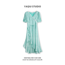 Floral bubble sleeve dress female summer V neck high waist thin commuter ruffle split short sleeve green dress