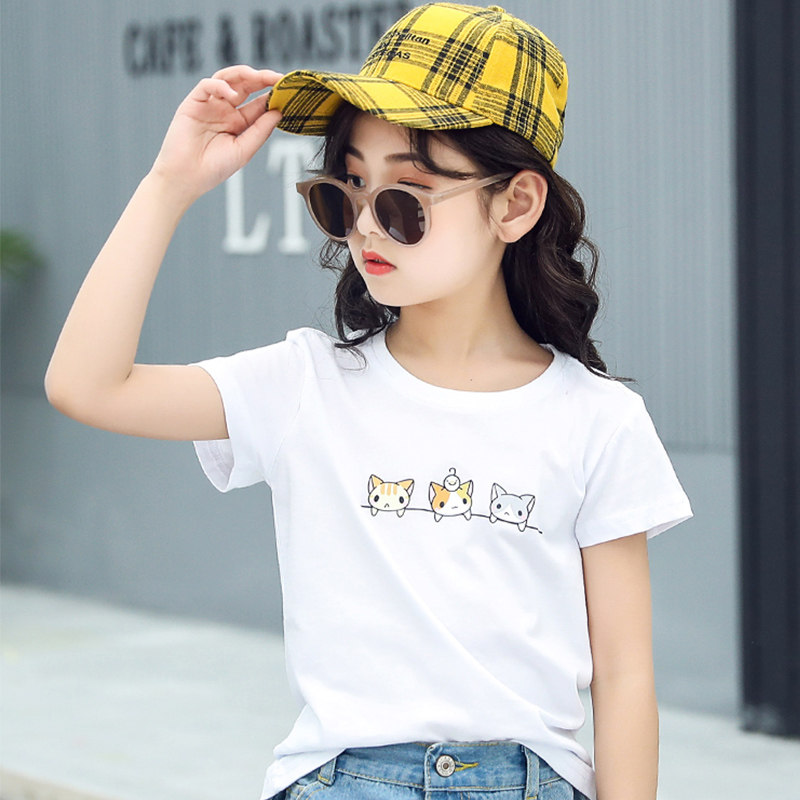 Girls T-shirt short-sleeved 2022 summer clothes new children's cotton half-sleeved top middle-aged children's white Western style T-shirt tide
