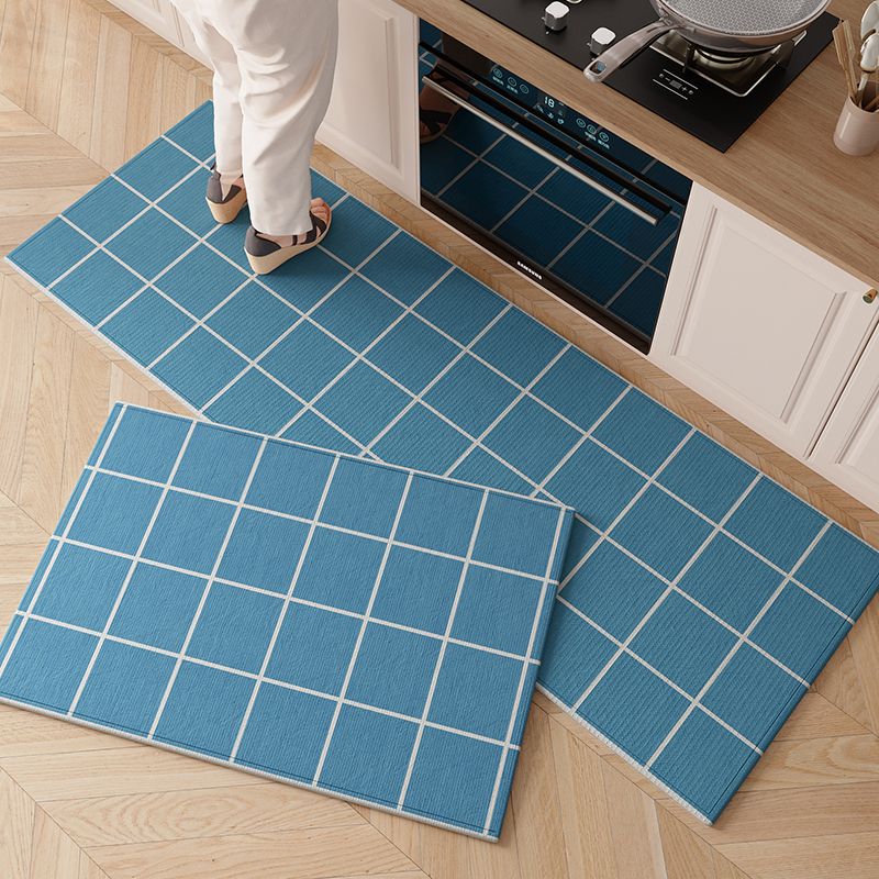Kitchen Floor Mat 2026 New Model Dopamine Blue Checkered Non-Slip Oil-Proof Washable Wipeable Sink Absorbent Special Mat