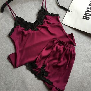 Женский сатиновый комплект пижамы, майка и шорты с кружевом, размеры M–XXXL