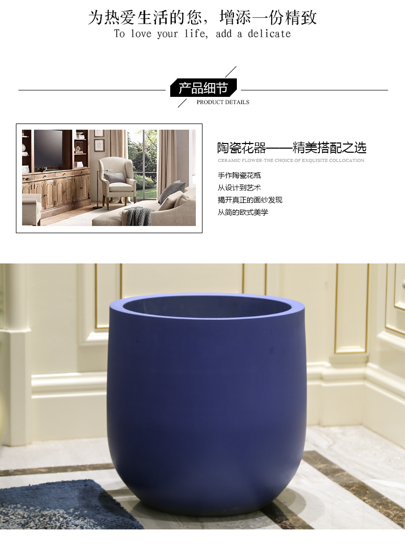 Nordic I and contracted large diameter blue ceramic flowerpot landing indoor living room hotel big green plant flower arranging simulation