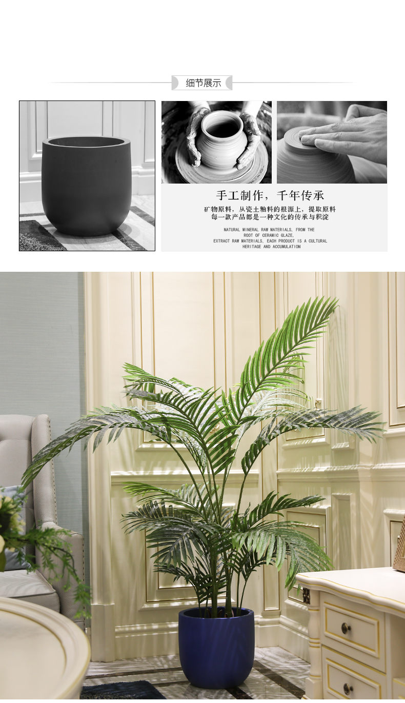 Nordic I and contracted large diameter blue ceramic flowerpot landing indoor living room hotel big green plant flower arranging simulation