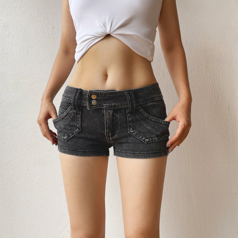 2026 Summer Ultra-Low Waist Denim Shorts for Women, Thin Black Y2K Hot Girl Stretchy Tight-Fitting Hip-Hugging Hot Pants
