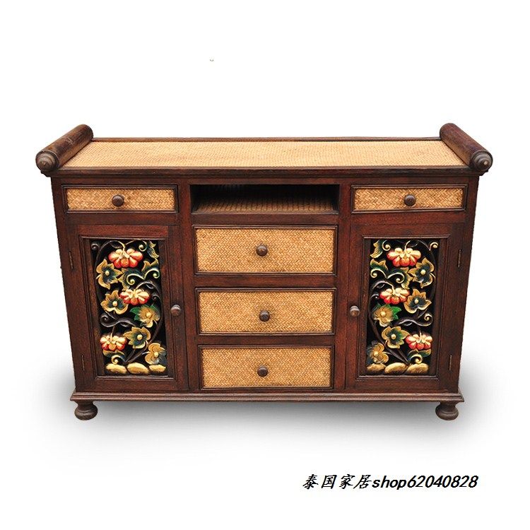 Southeast Asian characteristic furniture decoration handmade solid wood cabinet carved living room foyer porch cabinet shoe cabinet Teng weaving cabinet bookcase