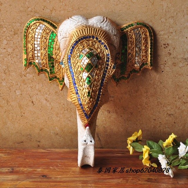 Thai characteristic gift wall decoration Southeast Asia decorative handicraft hanging decoration elephant head solid wood creative wall decoration